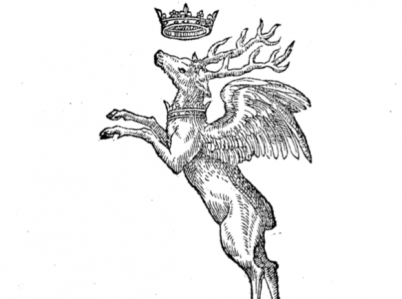 Rycina z dzieła "Devises heroïques" z 1557 roku. Przedstawia uskrzydlonego jelenia, który stoi na dwóch nogach. Nad jego głową korona. U góry napis: Hoc Caefar me donauit.