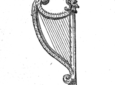 Rycina z dzieła "Devises heroïques". Przedstawia harfę i napis u góry: In fibilo aurae tenuis