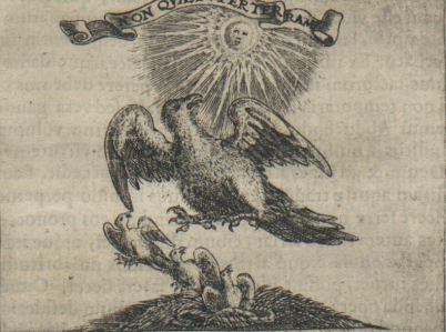Rycina z dzieła Tomasza Tretera "Symbolica vitae Christi meditatio". Przedstawia ptaka i trzy podrywające się do lotu młode. W górnej części ryciny słońce.