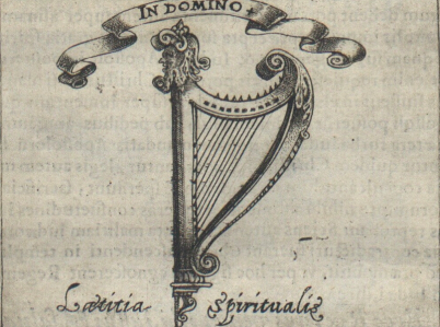 Rycina z dzieła Tomasza Tretera "Symbolica vitae Christi meditatio". Przedstawia harfę i napis na szarfie u góry: „IN DOMINO”. Na dole napis: "Laetitia spiritualis"