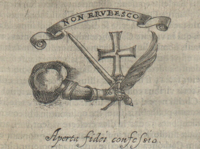 Rycina z dzieła Tomasza Tretera "Symbolica vitae Christi meditatio". Przedstawia rękę w żołnierskiej rękawicy, która trzyma miecz, krzyż i palmę męczeństwa. Napis na szarfie u góry  brzmi: „NON ERVRESCO”.