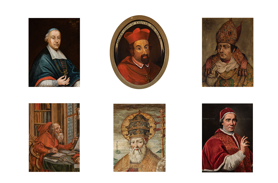 Grafika przedstawiająca sześć obrazów przedstawiających świętych, biskupów i papieży z  nakryciami głowy.: piuską, biretem, infułą, kapeluszem kardynalskim, tiarą i camauro.