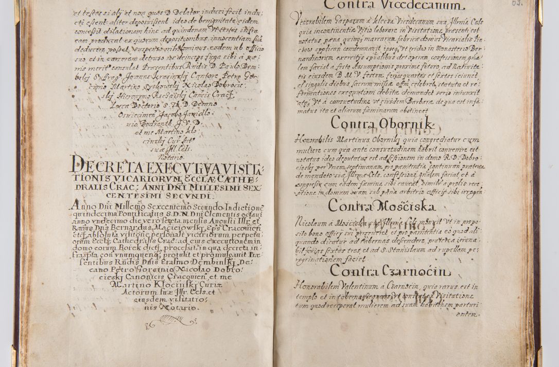 Zdjęcie nr 44 dla obiektu archiwalnego: Liber continens decreta executiva visitationum et alia ad correctionem et reformationem vitae et morum cleri pertinentia tempore fel. rec. R.D. Bernardi Maciejowski Cardinalis et episcopi Cracoviensis ac ducis Severiensis conscripta ex annis 1601 et sequent
