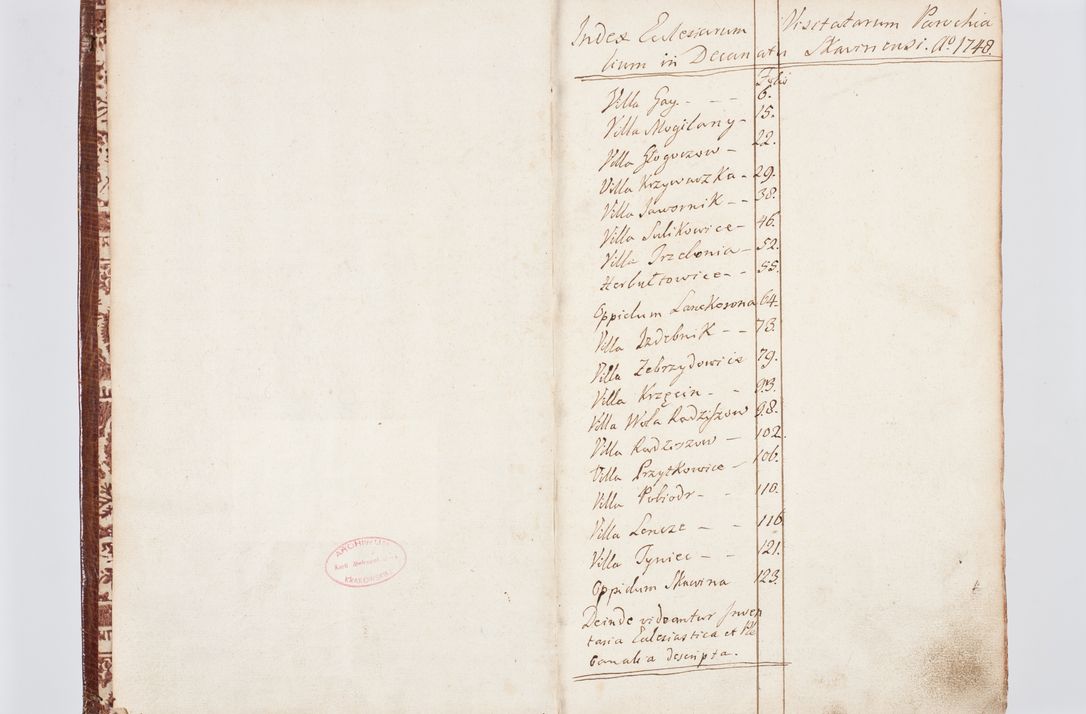 Zdjęcie nr 7 dla obiektu archiwalnego: Visitatio ecclesiarum parachialium, praebendarum, capellarum, hospitalium atque confraternitatum, nec non beneficiorum in decanatu Scaviensi foraneo, dioecesis, archidiaconatus et officialatus Cracoviensis consistentiu, ex speciali mandato Cel. Principis R.D. Andreae Stanislai Kostka in Załuskie Załuski, episcopi Cracoviensis canonicum, parochialis s. Nicolai ad Cracowiam praepositum, delegatum extraordinarium visitatorem a.D. 1748 