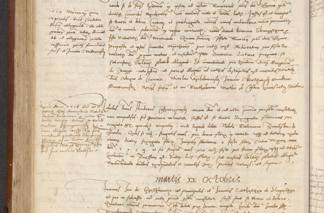 Zdjęcie nr 380 dla obiektu archiwalnego: [Acta] obligationum coram reverendo patre domino Thoma Rosnowsky canonico et offi[ciali C]racoviensi generali [a]d annum Domini 1514, [ind]itione secunda, pontificatus sanctissimi in Christo patris domini nostro domini Leonis divina providencia pape decimi moderni. Anno sue sanctitatis aduc ad 19 Marcii [...] primo secundis fatibus et felici sidere suum per manu Bronislaidis telluris Ursonici recipiunt et dii faveant ceptis