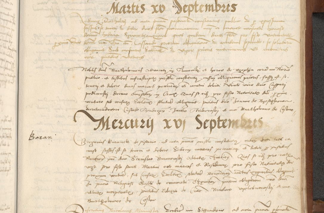 Zdjęcie nr 371 dla obiektu archiwalnego: [Acta] obligationum coram reverendo patre domino Thoma Rosnowsky canonico et offi[ciali C]racoviensi generali [a]d annum Domini 1514, [ind]itione secunda, pontificatus sanctissimi in Christo patris domini nostro domini Leonis divina providencia pape decimi moderni. Anno sue sanctitatis aduc ad 19 Marcii [...] primo secundis fatibus et felici sidere suum per manu Bronislaidis telluris Ursonici recipiunt et dii faveant ceptis