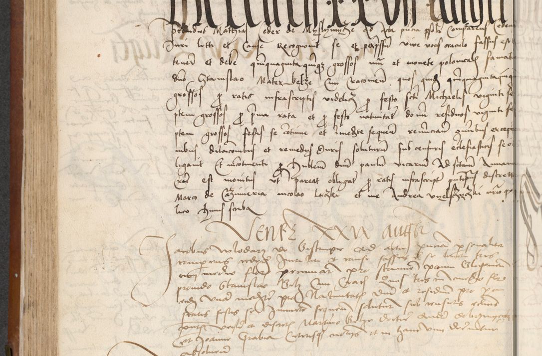 Zdjęcie nr 236 dla obiektu archiwalnego: [Acta] obligationum coram reverendo patre domino Thoma Rosnowsky canonico et offi[ciali C]racoviensi generali [a]d annum Domini 1514, [ind]itione secunda, pontificatus sanctissimi in Christo patris domini nostro domini Leonis divina providencia pape decimi moderni. Anno sue sanctitatis aduc ad 19 Marcii [...] primo secundis fatibus et felici sidere suum per manu Bronislaidis telluris Ursonici recipiunt et dii faveant ceptis