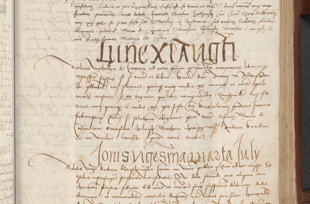 Zdjęcie nr 231 dla obiektu archiwalnego: [Acta] obligationum coram reverendo patre domino Thoma Rosnowsky canonico et offi[ciali C]racoviensi generali [a]d annum Domini 1514, [ind]itione secunda, pontificatus sanctissimi in Christo patris domini nostro domini Leonis divina providencia pape decimi moderni. Anno sue sanctitatis aduc ad 19 Marcii [...] primo secundis fatibus et felici sidere suum per manu Bronislaidis telluris Ursonici recipiunt et dii faveant ceptis