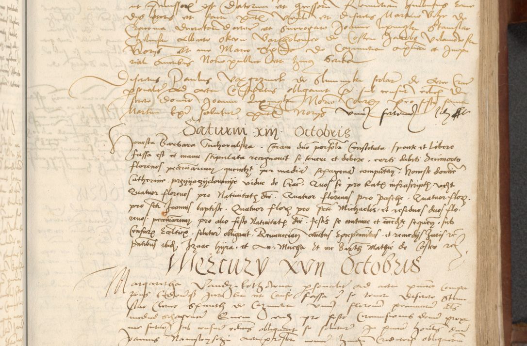 Zdjęcie nr 143 dla obiektu archiwalnego: [Acta] obligationum coram reverendo patre domino Thoma Rosnowsky canonico et offi[ciali C]racoviensi generali [a]d annum Domini 1514, [ind]itione secunda, pontificatus sanctissimi in Christo patris domini nostro domini Leonis divina providencia pape decimi moderni. Anno sue sanctitatis aduc ad 19 Marcii [...] primo secundis fatibus et felici sidere suum per manu Bronislaidis telluris Ursonici recipiunt et dii faveant ceptis