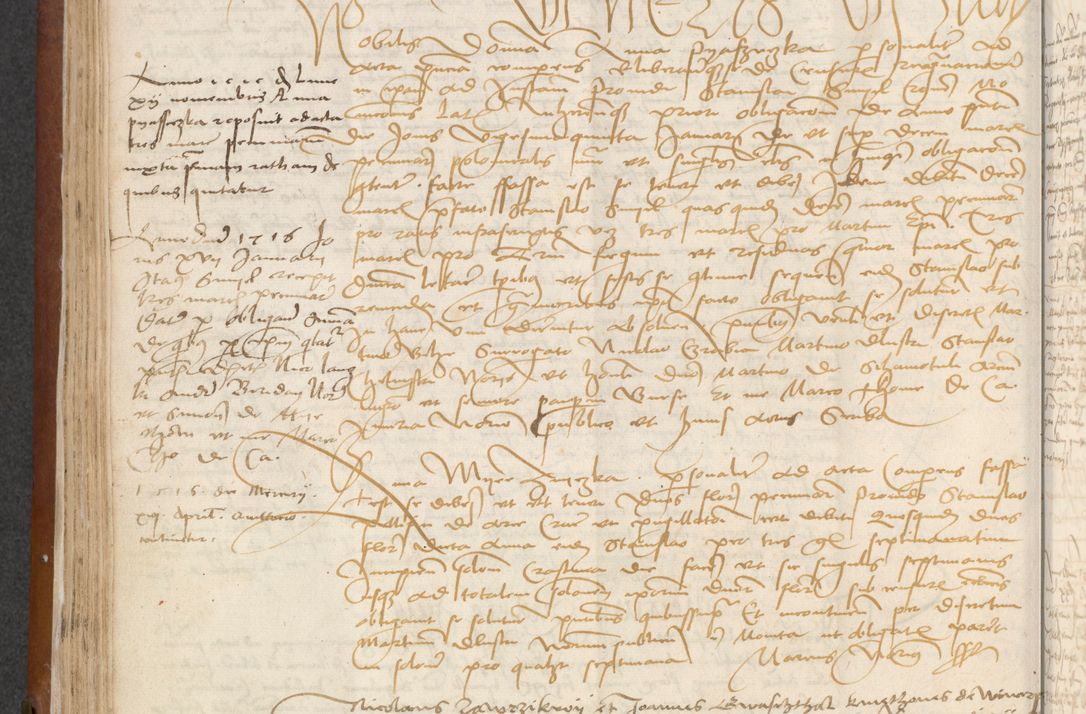 Zdjęcie nr 122 dla obiektu archiwalnego: [Acta] obligationum coram reverendo patre domino Thoma Rosnowsky canonico et offi[ciali C]racoviensi generali [a]d annum Domini 1514, [ind]itione secunda, pontificatus sanctissimi in Christo patris domini nostro domini Leonis divina providencia pape decimi moderni. Anno sue sanctitatis aduc ad 19 Marcii [...] primo secundis fatibus et felici sidere suum per manu Bronislaidis telluris Ursonici recipiunt et dii faveant ceptis