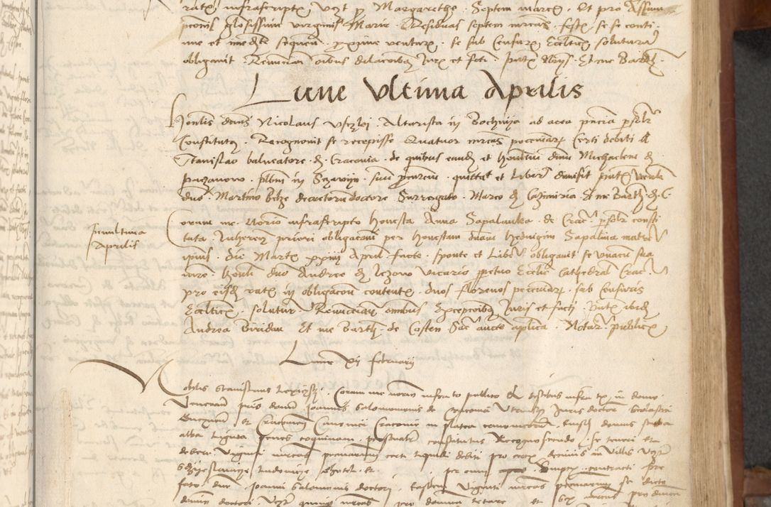 Zdjęcie nr 111 dla obiektu archiwalnego: [Acta] obligationum coram reverendo patre domino Thoma Rosnowsky canonico et offi[ciali C]racoviensi generali [a]d annum Domini 1514, [ind]itione secunda, pontificatus sanctissimi in Christo patris domini nostro domini Leonis divina providencia pape decimi moderni. Anno sue sanctitatis aduc ad 19 Marcii [...] primo secundis fatibus et felici sidere suum per manu Bronislaidis telluris Ursonici recipiunt et dii faveant ceptis
