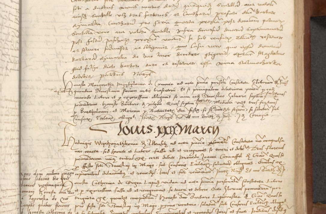 Zdjęcie nr 103 dla obiektu archiwalnego: [Acta] obligationum coram reverendo patre domino Thoma Rosnowsky canonico et offi[ciali C]racoviensi generali [a]d annum Domini 1514, [ind]itione secunda, pontificatus sanctissimi in Christo patris domini nostro domini Leonis divina providencia pape decimi moderni. Anno sue sanctitatis aduc ad 19 Marcii [...] primo secundis fatibus et felici sidere suum per manu Bronislaidis telluris Ursonici recipiunt et dii faveant ceptis