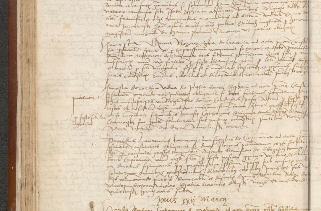 Zdjęcie nr 100 dla obiektu archiwalnego: [Acta] obligationum coram reverendo patre domino Thoma Rosnowsky canonico et offi[ciali C]racoviensi generali [a]d annum Domini 1514, [ind]itione secunda, pontificatus sanctissimi in Christo patris domini nostro domini Leonis divina providencia pape decimi moderni. Anno sue sanctitatis aduc ad 19 Marcii [...] primo secundis fatibus et felici sidere suum per manu Bronislaidis telluris Ursonici recipiunt et dii faveant ceptis