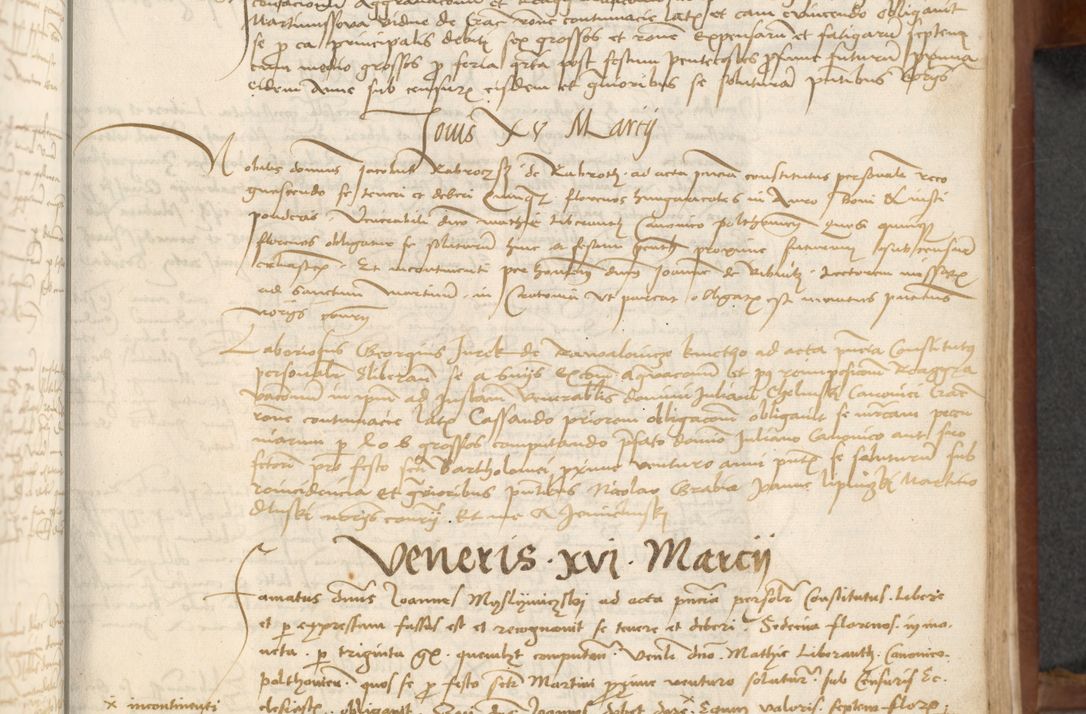 Zdjęcie nr 97 dla obiektu archiwalnego: [Acta] obligationum coram reverendo patre domino Thoma Rosnowsky canonico et offi[ciali C]racoviensi generali [a]d annum Domini 1514, [ind]itione secunda, pontificatus sanctissimi in Christo patris domini nostro domini Leonis divina providencia pape decimi moderni. Anno sue sanctitatis aduc ad 19 Marcii [...] primo secundis fatibus et felici sidere suum per manu Bronislaidis telluris Ursonici recipiunt et dii faveant ceptis