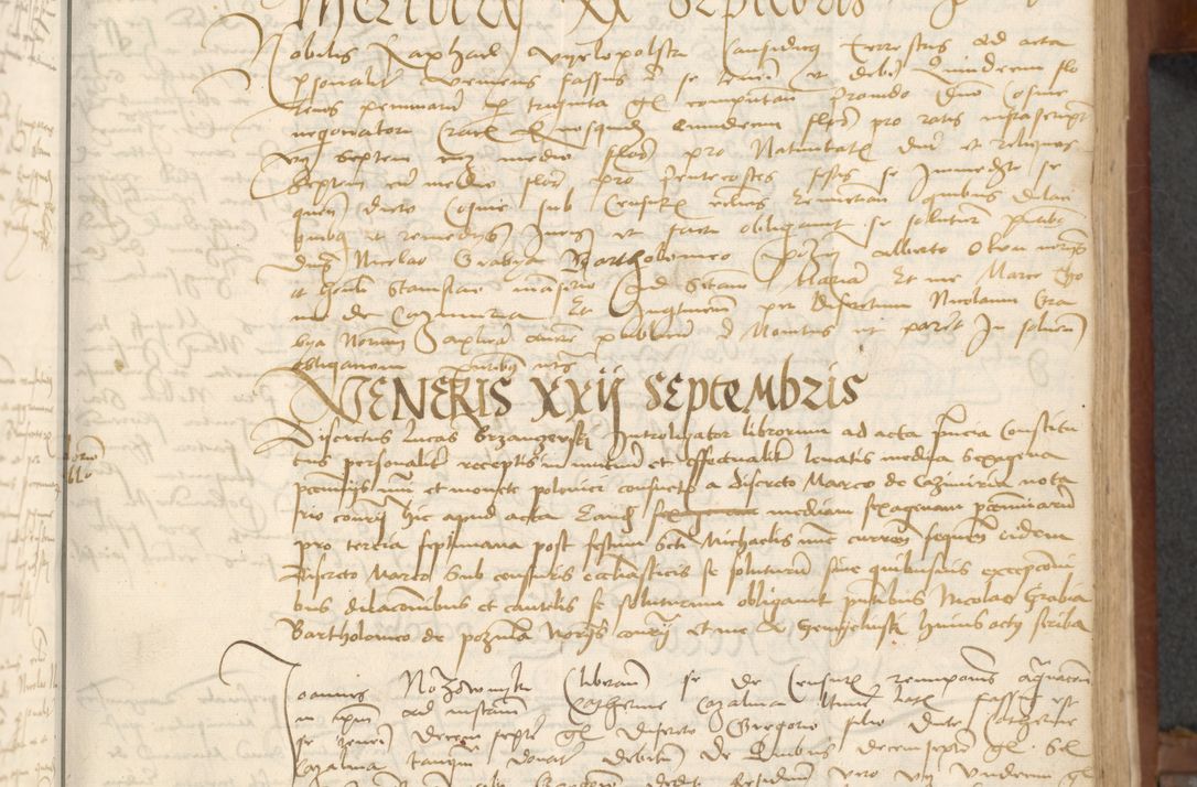 Zdjęcie nr 61 dla obiektu archiwalnego: [Acta] obligationum coram reverendo patre domino Thoma Rosnowsky canonico et offi[ciali C]racoviensi generali [a]d annum Domini 1514, [ind]itione secunda, pontificatus sanctissimi in Christo patris domini nostro domini Leonis divina providencia pape decimi moderni. Anno sue sanctitatis aduc ad 19 Marcii [...] primo secundis fatibus et felici sidere suum per manu Bronislaidis telluris Ursonici recipiunt et dii faveant ceptis