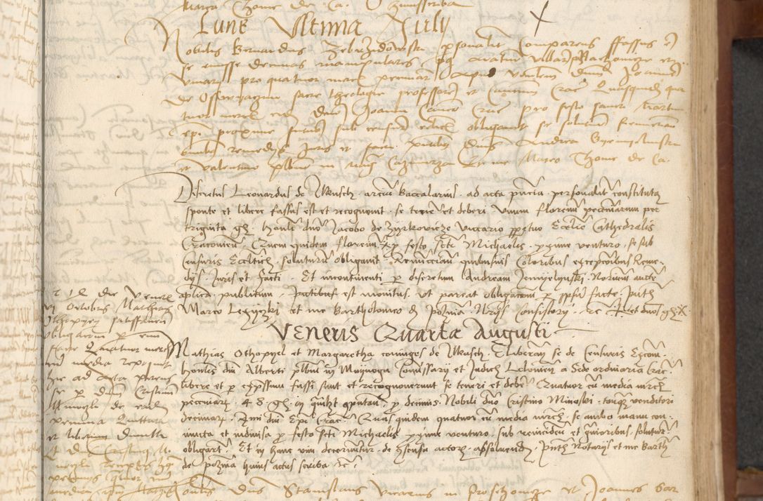 Zdjęcie nr 53 dla obiektu archiwalnego: [Acta] obligationum coram reverendo patre domino Thoma Rosnowsky canonico et offi[ciali C]racoviensi generali [a]d annum Domini 1514, [ind]itione secunda, pontificatus sanctissimi in Christo patris domini nostro domini Leonis divina providencia pape decimi moderni. Anno sue sanctitatis aduc ad 19 Marcii [...] primo secundis fatibus et felici sidere suum per manu Bronislaidis telluris Ursonici recipiunt et dii faveant ceptis