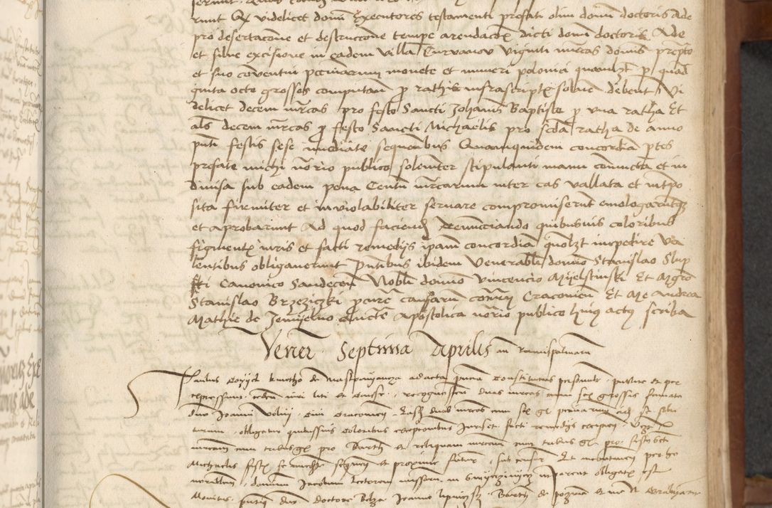 Zdjęcie nr 29 dla obiektu archiwalnego: [Acta] obligationum coram reverendo patre domino Thoma Rosnowsky canonico et offi[ciali C]racoviensi generali [a]d annum Domini 1514, [ind]itione secunda, pontificatus sanctissimi in Christo patris domini nostro domini Leonis divina providencia pape decimi moderni. Anno sue sanctitatis aduc ad 19 Marcii [...] primo secundis fatibus et felici sidere suum per manu Bronislaidis telluris Ursonici recipiunt et dii faveant ceptis