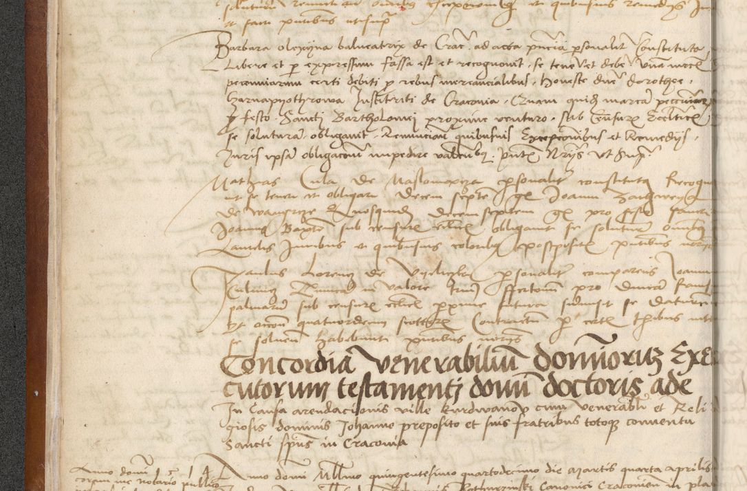 Zdjęcie nr 28 dla obiektu archiwalnego: [Acta] obligationum coram reverendo patre domino Thoma Rosnowsky canonico et offi[ciali C]racoviensi generali [a]d annum Domini 1514, [ind]itione secunda, pontificatus sanctissimi in Christo patris domini nostro domini Leonis divina providencia pape decimi moderni. Anno sue sanctitatis aduc ad 19 Marcii [...] primo secundis fatibus et felici sidere suum per manu Bronislaidis telluris Ursonici recipiunt et dii faveant ceptis
