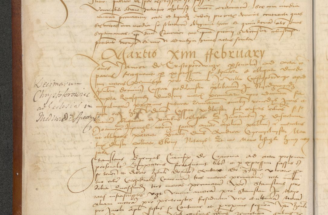 Zdjęcie nr 14 dla obiektu archiwalnego: [Acta] obligationum coram reverendo patre domino Thoma Rosnowsky canonico et offi[ciali C]racoviensi generali [a]d annum Domini 1514, [ind]itione secunda, pontificatus sanctissimi in Christo patris domini nostro domini Leonis divina providencia pape decimi moderni. Anno sue sanctitatis aduc ad 19 Marcii [...] primo secundis fatibus et felici sidere suum per manu Bronislaidis telluris Ursonici recipiunt et dii faveant ceptis