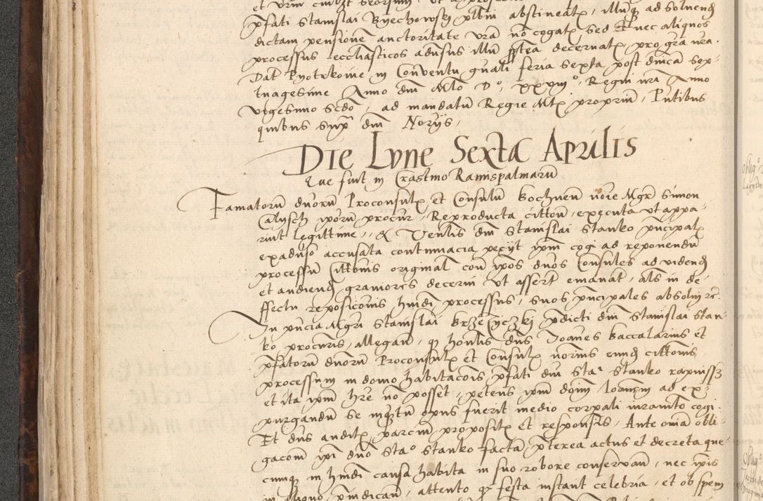 Zdjęcie nr 102 dla obiektu archiwalnego: INRI. Acta actorum, obligacionum et sentenciarum tam interlocutoriarum quam diffinitivarum coram reverendo patre ac egregio viro domino Jacobo Erciss[o]wski decretorum doctorem, canonico et officiali generali Cracoviensi ad annum Domini 1528, indicionem primam, pontificatus sanctissimi in Christo patris et domini domini Clementis divina probidendcia pape seprtimi, annum quintum, per Stanislaum de Mordi legalem consistorii notarium omine felici inchoantur