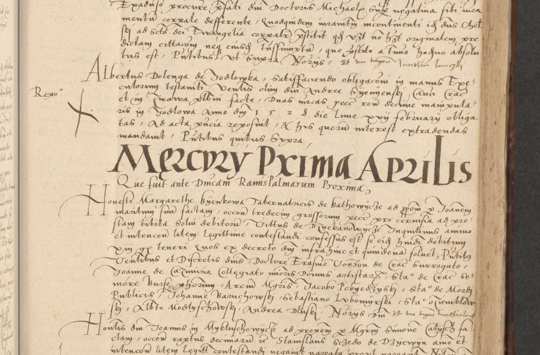 Zdjęcie nr 89 dla obiektu archiwalnego: INRI. Acta actorum, obligacionum et sentenciarum tam interlocutoriarum quam diffinitivarum coram reverendo patre ac egregio viro domino Jacobo Erciss[o]wski decretorum doctorem, canonico et officiali generali Cracoviensi ad annum Domini 1528, indicionem primam, pontificatus sanctissimi in Christo patris et domini domini Clementis divina probidendcia pape seprtimi, annum quintum, per Stanislaum de Mordi legalem consistorii notarium omine felici inchoantur