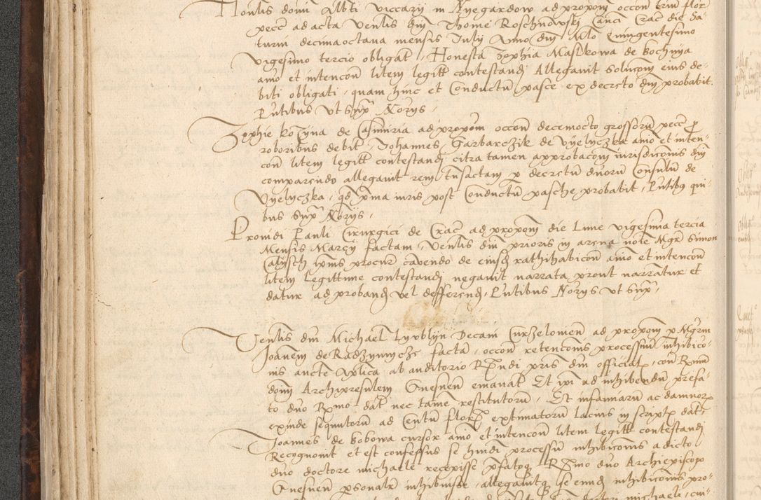 Zdjęcie nr 82 dla obiektu archiwalnego: INRI. Acta actorum, obligacionum et sentenciarum tam interlocutoriarum quam diffinitivarum coram reverendo patre ac egregio viro domino Jacobo Erciss[o]wski decretorum doctorem, canonico et officiali generali Cracoviensi ad annum Domini 1528, indicionem primam, pontificatus sanctissimi in Christo patris et domini domini Clementis divina probidendcia pape seprtimi, annum quintum, per Stanislaum de Mordi legalem consistorii notarium omine felici inchoantur