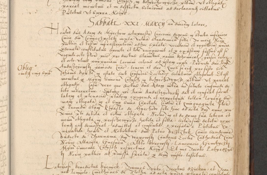 Zdjęcie nr 77 dla obiektu archiwalnego: INRI. Acta actorum, obligacionum et sentenciarum tam interlocutoriarum quam diffinitivarum coram reverendo patre ac egregio viro domino Jacobo Erciss[o]wski decretorum doctorem, canonico et officiali generali Cracoviensi ad annum Domini 1528, indicionem primam, pontificatus sanctissimi in Christo patris et domini domini Clementis divina probidendcia pape seprtimi, annum quintum, per Stanislaum de Mordi legalem consistorii notarium omine felici inchoantur