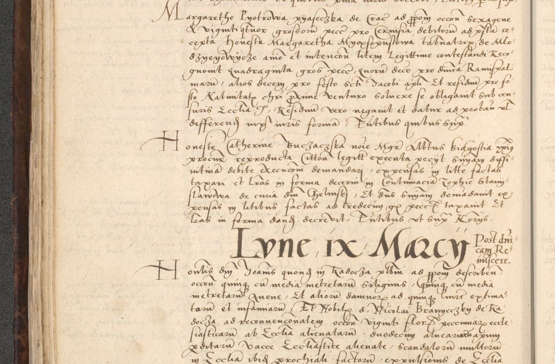 Zdjęcie nr 58 dla obiektu archiwalnego: INRI. Acta actorum, obligacionum et sentenciarum tam interlocutoriarum quam diffinitivarum coram reverendo patre ac egregio viro domino Jacobo Erciss[o]wski decretorum doctorem, canonico et officiali generali Cracoviensi ad annum Domini 1528, indicionem primam, pontificatus sanctissimi in Christo patris et domini domini Clementis divina probidendcia pape seprtimi, annum quintum, per Stanislaum de Mordi legalem consistorii notarium omine felici inchoantur