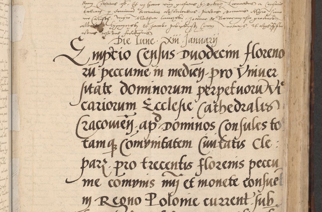 Zdjęcie nr 13 dla obiektu archiwalnego: INRI. Acta actorum, obligacionum et sentenciarum tam interlocutoriarum quam diffinitivarum coram reverendo patre ac egregio viro domino Jacobo Erciss[o]wski decretorum doctorem, canonico et officiali generali Cracoviensi ad annum Domini 1528, indicionem primam, pontificatus sanctissimi in Christo patris et domini domini Clementis divina probidendcia pape seprtimi, annum quintum, per Stanislaum de Mordi legalem consistorii notarium omine felici inchoantur