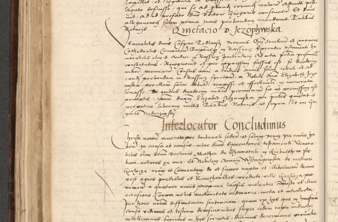 Zdjęcie nr 402 dla obiektu archiwalnego: INRI. Acta actorum, obligacionum et sentenciarum tam interlocutoriarum quam diffinitivarum coram reverendo patre ac egregio viro domino Jacobo Erciss[o]wski decretorum doctorem, canonico et officiali generali Cracoviensi ad annum Domini 1528, indicionem primam, pontificatus sanctissimi in Christo patris et domini domini Clementis divina probidendcia pape seprtimi, annum quintum, per Stanislaum de Mordi legalem consistorii notarium omine felici inchoantur