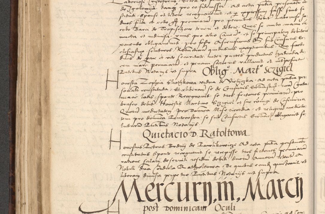 Zdjęcie nr 404 dla obiektu archiwalnego: INRI. Acta actorum, obligacionum et sentenciarum tam interlocutoriarum quam diffinitivarum coram reverendo patre ac egregio viro domino Jacobo Erciss[o]wski decretorum doctorem, canonico et officiali generali Cracoviensi ad annum Domini 1528, indicionem primam, pontificatus sanctissimi in Christo patris et domini domini Clementis divina probidendcia pape seprtimi, annum quintum, per Stanislaum de Mordi legalem consistorii notarium omine felici inchoantur