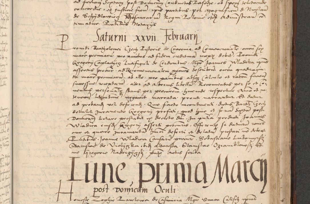 Zdjęcie nr 399 dla obiektu archiwalnego: INRI. Acta actorum, obligacionum et sentenciarum tam interlocutoriarum quam diffinitivarum coram reverendo patre ac egregio viro domino Jacobo Erciss[o]wski decretorum doctorem, canonico et officiali generali Cracoviensi ad annum Domini 1528, indicionem primam, pontificatus sanctissimi in Christo patris et domini domini Clementis divina probidendcia pape seprtimi, annum quintum, per Stanislaum de Mordi legalem consistorii notarium omine felici inchoantur