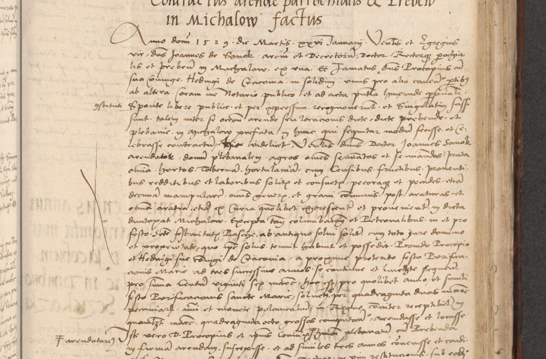 Zdjęcie nr 383 dla obiektu archiwalnego: INRI. Acta actorum, obligacionum et sentenciarum tam interlocutoriarum quam diffinitivarum coram reverendo patre ac egregio viro domino Jacobo Erciss[o]wski decretorum doctorem, canonico et officiali generali Cracoviensi ad annum Domini 1528, indicionem primam, pontificatus sanctissimi in Christo patris et domini domini Clementis divina probidendcia pape seprtimi, annum quintum, per Stanislaum de Mordi legalem consistorii notarium omine felici inchoantur