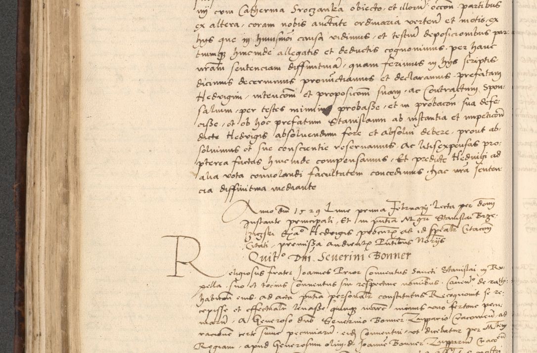 Zdjęcie nr 378 dla obiektu archiwalnego: INRI. Acta actorum, obligacionum et sentenciarum tam interlocutoriarum quam diffinitivarum coram reverendo patre ac egregio viro domino Jacobo Erciss[o]wski decretorum doctorem, canonico et officiali generali Cracoviensi ad annum Domini 1528, indicionem primam, pontificatus sanctissimi in Christo patris et domini domini Clementis divina probidendcia pape seprtimi, annum quintum, per Stanislaum de Mordi legalem consistorii notarium omine felici inchoantur