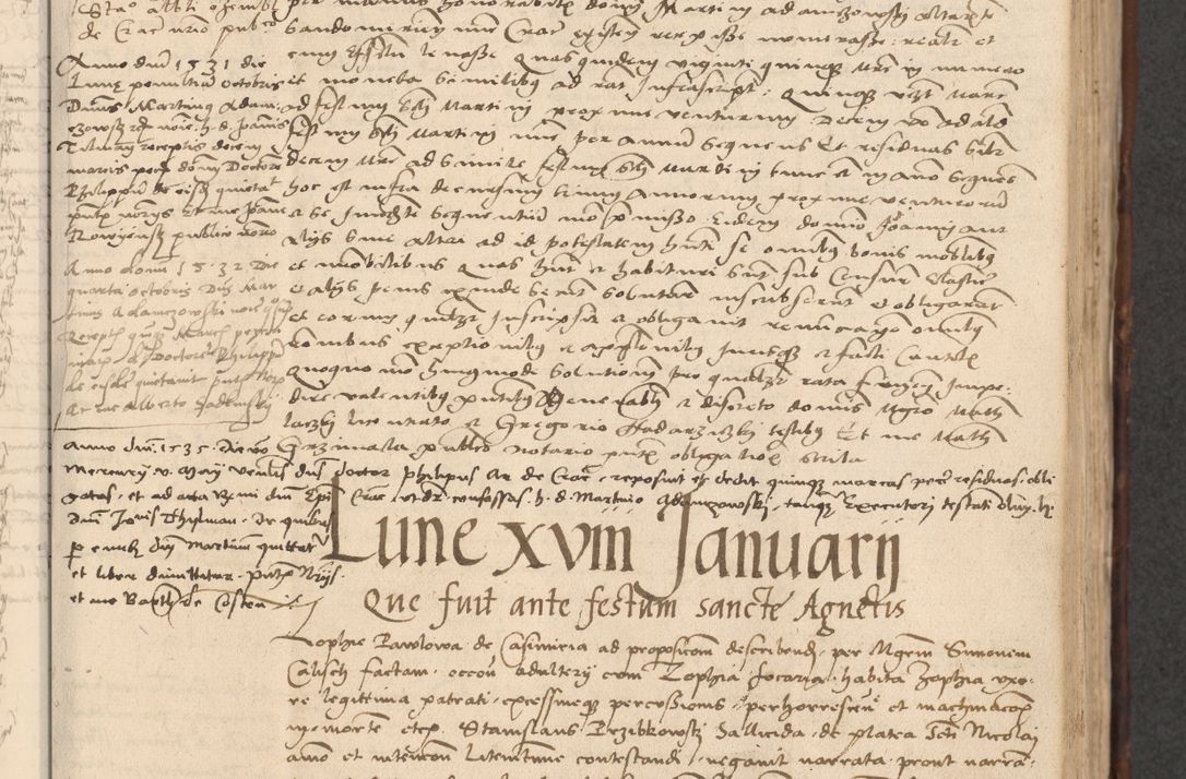 Zdjęcie nr 363 dla obiektu archiwalnego: INRI. Acta actorum, obligacionum et sentenciarum tam interlocutoriarum quam diffinitivarum coram reverendo patre ac egregio viro domino Jacobo Erciss[o]wski decretorum doctorem, canonico et officiali generali Cracoviensi ad annum Domini 1528, indicionem primam, pontificatus sanctissimi in Christo patris et domini domini Clementis divina probidendcia pape seprtimi, annum quintum, per Stanislaum de Mordi legalem consistorii notarium omine felici inchoantur