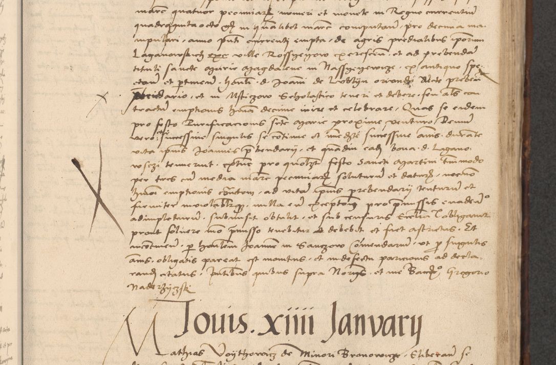 Zdjęcie nr 359 dla obiektu archiwalnego: INRI. Acta actorum, obligacionum et sentenciarum tam interlocutoriarum quam diffinitivarum coram reverendo patre ac egregio viro domino Jacobo Erciss[o]wski decretorum doctorem, canonico et officiali generali Cracoviensi ad annum Domini 1528, indicionem primam, pontificatus sanctissimi in Christo patris et domini domini Clementis divina probidendcia pape seprtimi, annum quintum, per Stanislaum de Mordi legalem consistorii notarium omine felici inchoantur