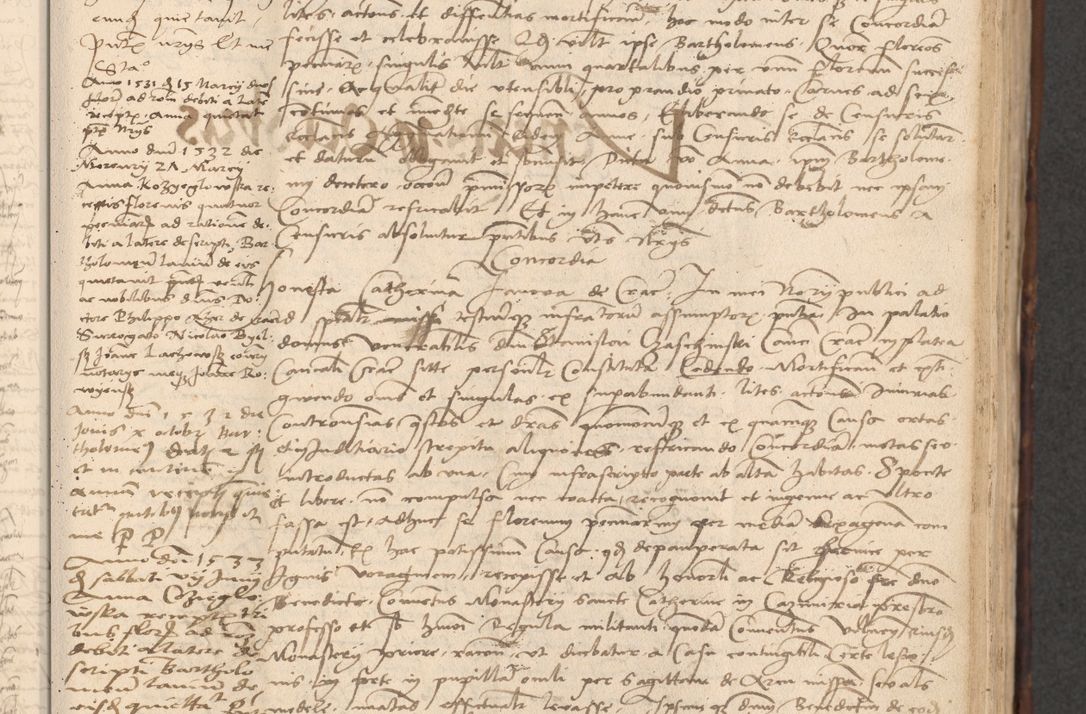 Zdjęcie nr 277 dla obiektu archiwalnego: INRI. Acta actorum, obligacionum et sentenciarum tam interlocutoriarum quam diffinitivarum coram reverendo patre ac egregio viro domino Jacobo Erciss[o]wski decretorum doctorem, canonico et officiali generali Cracoviensi ad annum Domini 1528, indicionem primam, pontificatus sanctissimi in Christo patris et domini domini Clementis divina probidendcia pape seprtimi, annum quintum, per Stanislaum de Mordi legalem consistorii notarium omine felici inchoantur