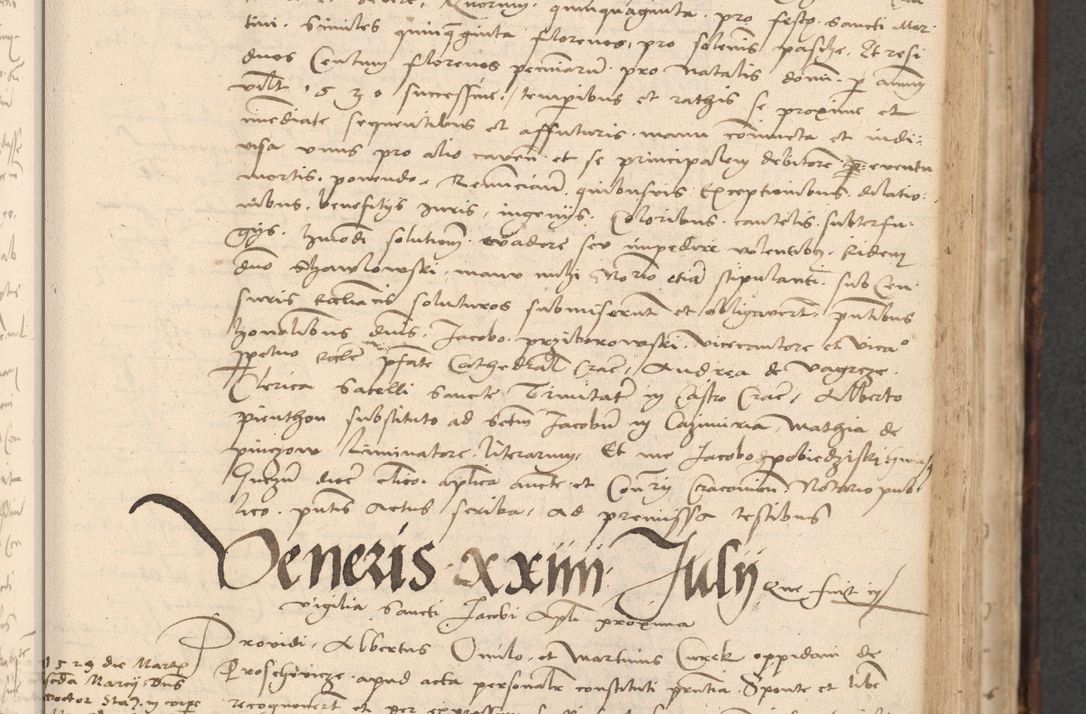 Zdjęcie nr 221 dla obiektu archiwalnego: INRI. Acta actorum, obligacionum et sentenciarum tam interlocutoriarum quam diffinitivarum coram reverendo patre ac egregio viro domino Jacobo Erciss[o]wski decretorum doctorem, canonico et officiali generali Cracoviensi ad annum Domini 1528, indicionem primam, pontificatus sanctissimi in Christo patris et domini domini Clementis divina probidendcia pape seprtimi, annum quintum, per Stanislaum de Mordi legalem consistorii notarium omine felici inchoantur
