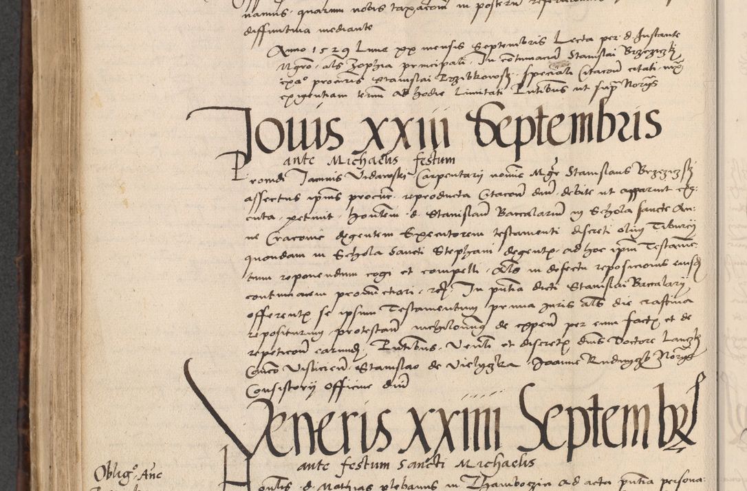 Zdjęcie nr 590 dla obiektu archiwalnego: INRI. Acta actorum, obligacionum et sentenciarum tam interlocutoriarum quam diffinitivarum coram reverendo patre ac egregio viro domino Jacobo Erciss[o]wski decretorum doctorem, canonico et officiali generali Cracoviensi ad annum Domini 1528, indicionem primam, pontificatus sanctissimi in Christo patris et domini domini Clementis divina probidendcia pape seprtimi, annum quintum, per Stanislaum de Mordi legalem consistorii notarium omine felici inchoantur