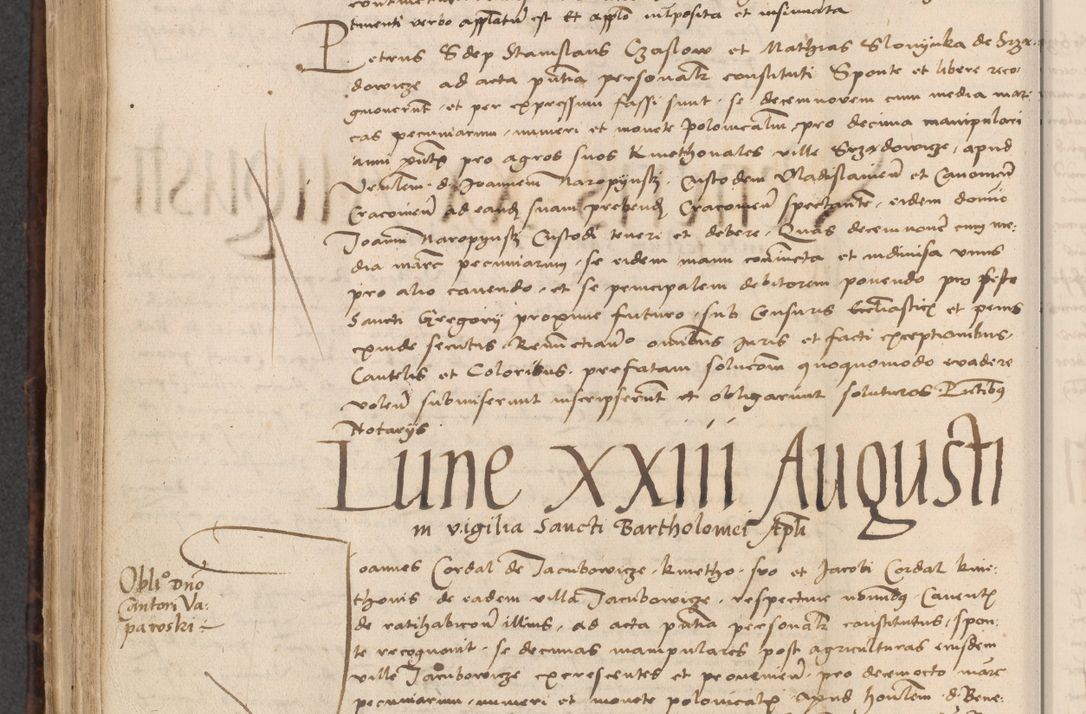 Zdjęcie nr 556 dla obiektu archiwalnego: INRI. Acta actorum, obligacionum et sentenciarum tam interlocutoriarum quam diffinitivarum coram reverendo patre ac egregio viro domino Jacobo Erciss[o]wski decretorum doctorem, canonico et officiali generali Cracoviensi ad annum Domini 1528, indicionem primam, pontificatus sanctissimi in Christo patris et domini domini Clementis divina probidendcia pape seprtimi, annum quintum, per Stanislaum de Mordi legalem consistorii notarium omine felici inchoantur