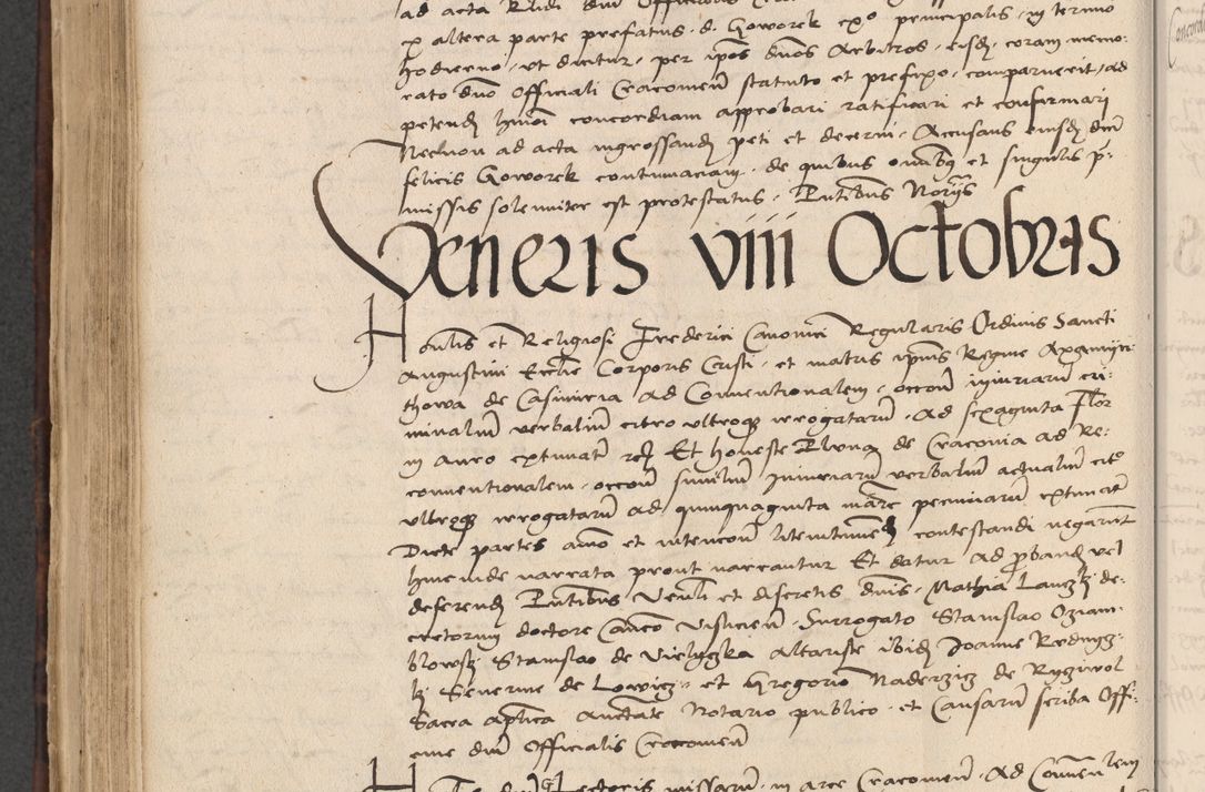 Zdjęcie nr 608 dla obiektu archiwalnego: INRI. Acta actorum, obligacionum et sentenciarum tam interlocutoriarum quam diffinitivarum coram reverendo patre ac egregio viro domino Jacobo Erciss[o]wski decretorum doctorem, canonico et officiali generali Cracoviensi ad annum Domini 1528, indicionem primam, pontificatus sanctissimi in Christo patris et domini domini Clementis divina probidendcia pape seprtimi, annum quintum, per Stanislaum de Mordi legalem consistorii notarium omine felici inchoantur