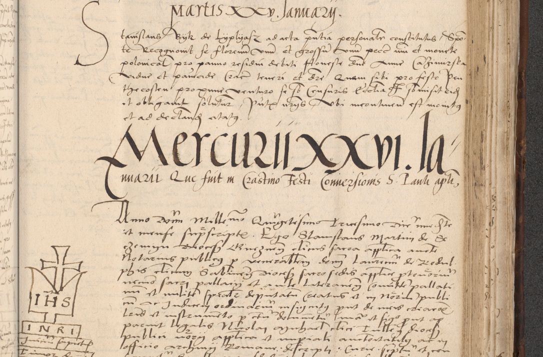 Zdjęcie nr 735 dla obiektu archiwalnego: INRI. Acta actorum, obligacionum et sentenciarum tam interlocutoriarum quam diffinitivarum coram reverendo patre ac egregio viro domino Jacobo Erciss[o]wski decretorum doctorem, canonico et officiali generali Cracoviensi ad annum Domini 1528, indicionem primam, pontificatus sanctissimi in Christo patris et domini domini Clementis divina probidendcia pape seprtimi, annum quintum, per Stanislaum de Mordi legalem consistorii notarium omine felici inchoantur