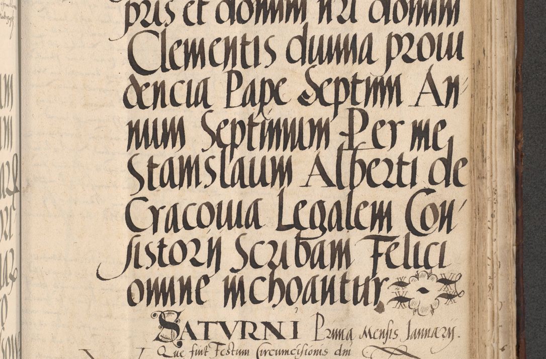 Zdjęcie nr 707 dla obiektu archiwalnego: INRI. Acta actorum, obligacionum et sentenciarum tam interlocutoriarum quam diffinitivarum coram reverendo patre ac egregio viro domino Jacobo Erciss[o]wski decretorum doctorem, canonico et officiali generali Cracoviensi ad annum Domini 1528, indicionem primam, pontificatus sanctissimi in Christo patris et domini domini Clementis divina probidendcia pape seprtimi, annum quintum, per Stanislaum de Mordi legalem consistorii notarium omine felici inchoantur