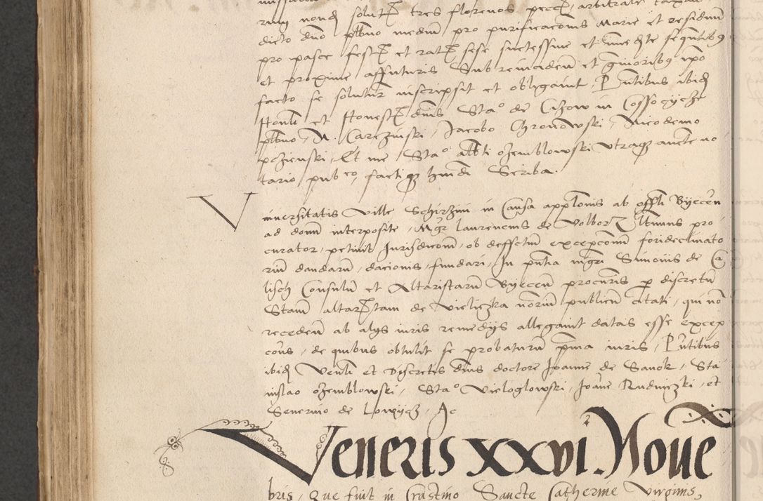 Zdjęcie nr 678 dla obiektu archiwalnego: INRI. Acta actorum, obligacionum et sentenciarum tam interlocutoriarum quam diffinitivarum coram reverendo patre ac egregio viro domino Jacobo Erciss[o]wski decretorum doctorem, canonico et officiali generali Cracoviensi ad annum Domini 1528, indicionem primam, pontificatus sanctissimi in Christo patris et domini domini Clementis divina probidendcia pape seprtimi, annum quintum, per Stanislaum de Mordi legalem consistorii notarium omine felici inchoantur