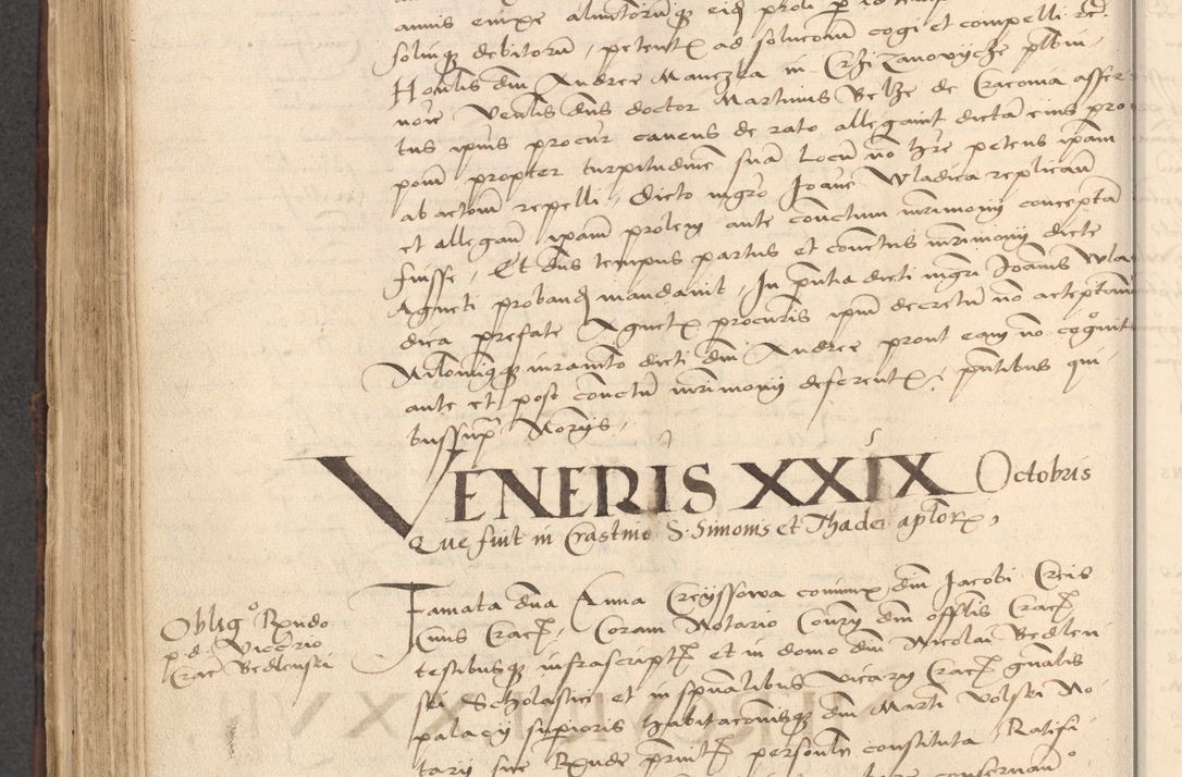 Zdjęcie nr 648 dla obiektu archiwalnego: INRI. Acta actorum, obligacionum et sentenciarum tam interlocutoriarum quam diffinitivarum coram reverendo patre ac egregio viro domino Jacobo Erciss[o]wski decretorum doctorem, canonico et officiali generali Cracoviensi ad annum Domini 1528, indicionem primam, pontificatus sanctissimi in Christo patris et domini domini Clementis divina probidendcia pape seprtimi, annum quintum, per Stanislaum de Mordi legalem consistorii notarium omine felici inchoantur