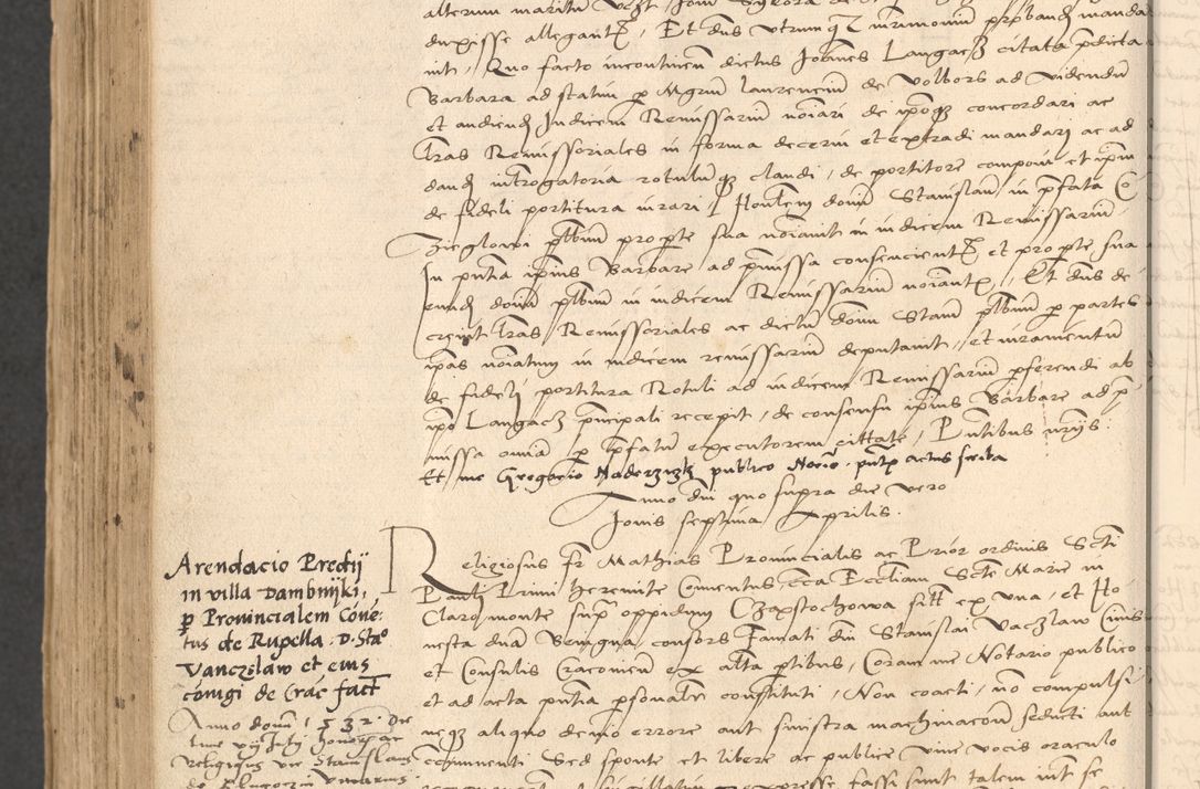 Zdjęcie nr 900 dla obiektu archiwalnego: INRI. Acta actorum, obligacionum et sentenciarum tam interlocutoriarum quam diffinitivarum coram reverendo patre ac egregio viro domino Jacobo Erciss[o]wski decretorum doctorem, canonico et officiali generali Cracoviensi ad annum Domini 1528, indicionem primam, pontificatus sanctissimi in Christo patris et domini domini Clementis divina probidendcia pape seprtimi, annum quintum, per Stanislaum de Mordi legalem consistorii notarium omine felici inchoantur