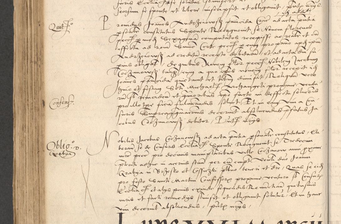 Zdjęcie nr 812 dla obiektu archiwalnego: INRI. Acta actorum, obligacionum et sentenciarum tam interlocutoriarum quam diffinitivarum coram reverendo patre ac egregio viro domino Jacobo Erciss[o]wski decretorum doctorem, canonico et officiali generali Cracoviensi ad annum Domini 1528, indicionem primam, pontificatus sanctissimi in Christo patris et domini domini Clementis divina probidendcia pape seprtimi, annum quintum, per Stanislaum de Mordi legalem consistorii notarium omine felici inchoantur