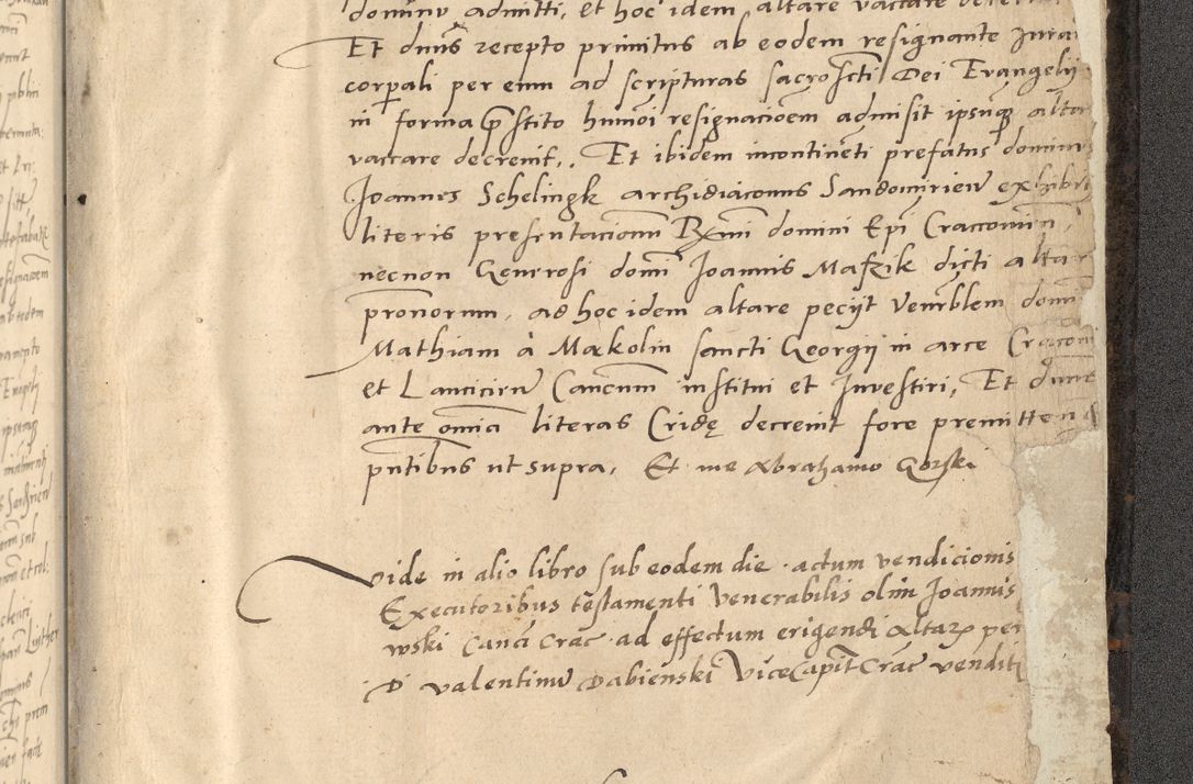 Zdjęcie nr 950 dla obiektu archiwalnego: Acta actorum causarum, sentenciarum et obligationum coram reverendo patre domino Thoma Roznowski canonico et reverendissimi in Christo patris et domini domini Patri Dei gratia Cracoviensis. Sabbato, 26 Octobris in ecclesiam suam solenniter recepti officialis generalis Cracoviensis dinita administratura, qua fungebatur post mortem reverendissimi olim felicis recordationis domini Joannis Choiecki episcopi Cracoviensis et Regni Polonie cancelarii anno presenti currenti videlicet 1538, die 11 Marcii Piotrcovie in comiciis celebratis circiter 23 horam defuncti sepulto corpore nona eiusdemque obsequiis X respective Aprilis peractis electo sub indictione XI, pontificatu vero sanctissimi in Christo patris et domini nostri domini Pauli divina providencia pape tercii foeliciter moderni, anno quarto, incepta felicibus auspiciis continuantur ordine processu infrascripto