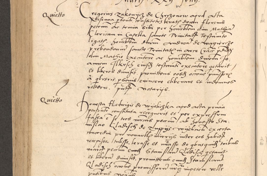 Zdjęcie nr 877 dla obiektu archiwalnego: Acta actorum causarum, sentenciarum et obligationum coram reverendo patre domino Thoma Roznowski canonico et reverendissimi in Christo patris et domini domini Patri Dei gratia Cracoviensis. Sabbato, 26 Octobris in ecclesiam suam solenniter recepti officialis generalis Cracoviensis dinita administratura, qua fungebatur post mortem reverendissimi olim felicis recordationis domini Joannis Choiecki episcopi Cracoviensis et Regni Polonie cancelarii anno presenti currenti videlicet 1538, die 11 Marcii Piotrcovie in comiciis celebratis circiter 23 horam defuncti sepulto corpore nona eiusdemque obsequiis X respective Aprilis peractis electo sub indictione XI, pontificatu vero sanctissimi in Christo patris et domini nostri domini Pauli divina providencia pape tercii foeliciter moderni, anno quarto, incepta felicibus auspiciis continuantur ordine processu infrascripto