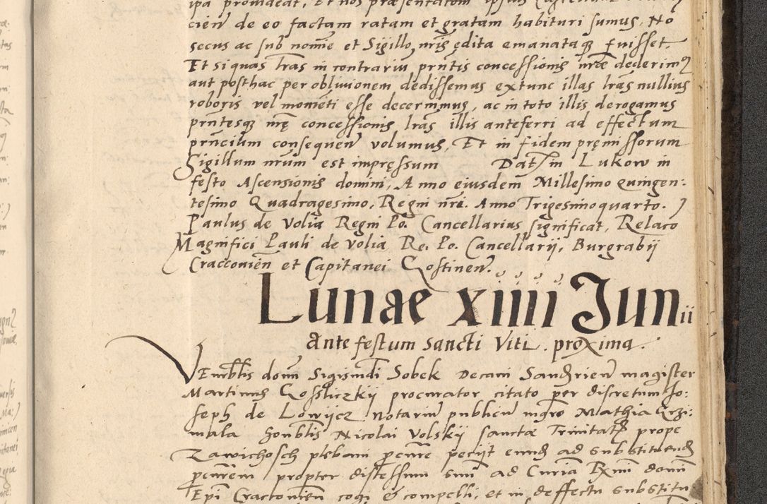 Zdjęcie nr 852 dla obiektu archiwalnego: Acta actorum causarum, sentenciarum et obligationum coram reverendo patre domino Thoma Roznowski canonico et reverendissimi in Christo patris et domini domini Patri Dei gratia Cracoviensis. Sabbato, 26 Octobris in ecclesiam suam solenniter recepti officialis generalis Cracoviensis dinita administratura, qua fungebatur post mortem reverendissimi olim felicis recordationis domini Joannis Choiecki episcopi Cracoviensis et Regni Polonie cancelarii anno presenti currenti videlicet 1538, die 11 Marcii Piotrcovie in comiciis celebratis circiter 23 horam defuncti sepulto corpore nona eiusdemque obsequiis X respective Aprilis peractis electo sub indictione XI, pontificatu vero sanctissimi in Christo patris et domini nostri domini Pauli divina providencia pape tercii foeliciter moderni, anno quarto, incepta felicibus auspiciis continuantur ordine processu infrascripto